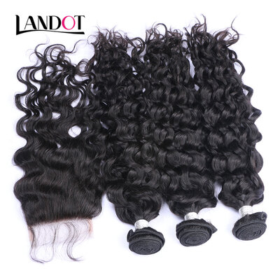 

8A Cambodian Virgin Hair Natural Water Wave With Closure 4PcsLot Wet And Wavy Curly Human Hair Weaves 3 Bundles And Lace Closures
