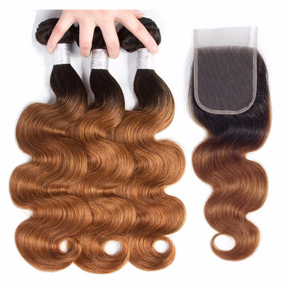 

HCDIVA Body Wave Ombre Hair Peruvian 3 Bundles with Closure 44 Virgin Human Hair Extensions Ombre Brown T1B30