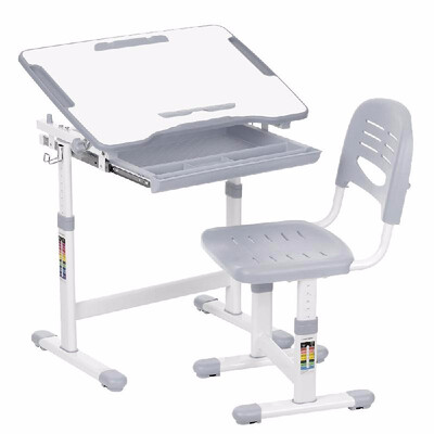 

IKayaa Height Adjustable Kids Study Desk & Chair Set W Paper Roll Holder 0-40°Tiltable Children Activity Art Table Set Metal Fra