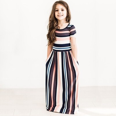 

Summer Girs Patchwork Color Dress Fashion Cute Baby Girls Hit Color Long Dress Children Casual Beachwear Dress Floor-length Dress