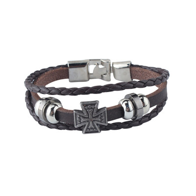 

MyMei Mens Cool Metal Cross Studded Surfer Leather Braided Bracelet Wristband