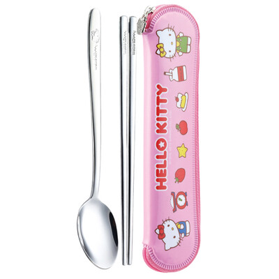 

South Korea imports music lock HELLO KITTY infant stainless steel spoon chopsticks bag set pink LKT001