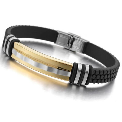 

Hpolw Men Silver Gold Black Stainless Steel Rubber Biker Bracelet Bangle Cuff