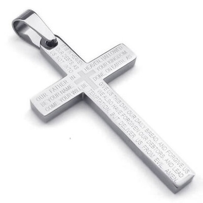 

Hpolw Stainless Steel Mens Lords Prayer Cross Pendant Necklace Silver 18-26 inch Chain