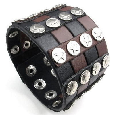 

Hpolw Wide Leather Pentagram Mens Bangle Cuff Bracelet, Fits 7.5" to 8.5", Black Brown
