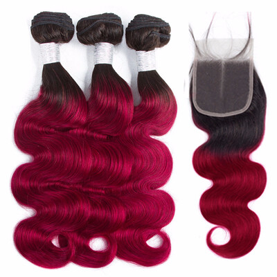 

HCDIVA Ombre Brazilian Body Wave 3 Bundles With Closure 1BBurgundy Ombre Human Hair Bundles With Closure Top Dark Roots Virgin