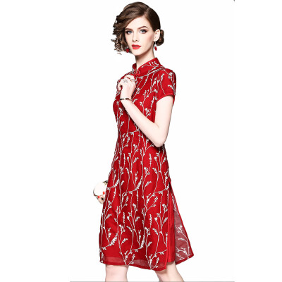 

2018 New Summer Gorgeous Print Off The Shoulder Mandarin Collar Red Dress Elegant Ladies Cheongsam Dress