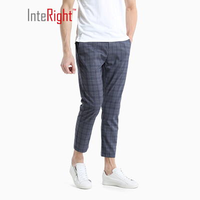 

INTERIGHT Casual Pants Mens Check Pattern Cropped Casual Pants Gray Blue Plaid L 32