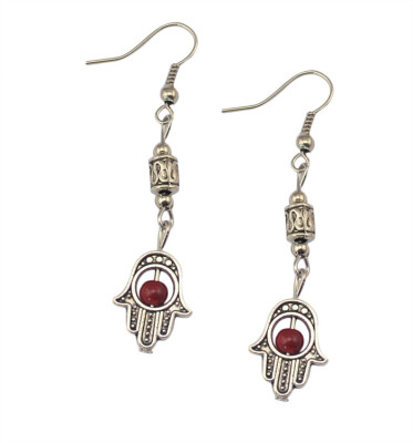 

Idealway New fashion Silver Alloy 3 Colors Red Black Blue Beads Hand Of Fatima Hook Long Drop Earrings Females Jewelry