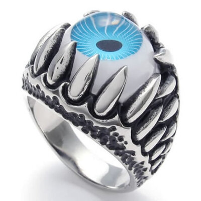 

Hpolw men Stainless Steel Gothic Dragon Claw blue eyesDevil Eye Biker Mens Saphire RingWidth23mm