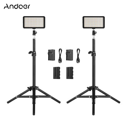 

Andoer LED Video Light Kit include 2pcs W228 3200K6000K BiColor Dimmable LED Video Light2pcs Max 72cm Light Stand2pcs 74V 22