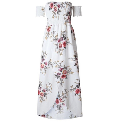 

Boho style long dress women Off shoulder beach summer dresses Floral print Vintage chiffon white maxi dress vestidos de festa
