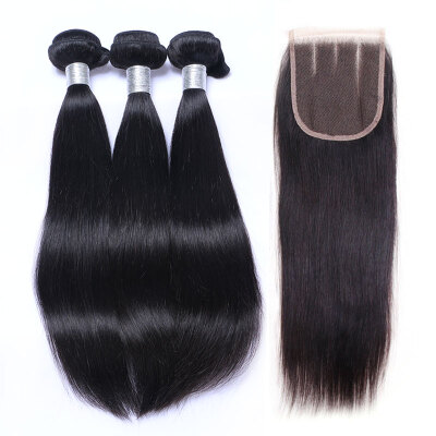 

9A Brazilian Virgin Hair Straight With Lace Closure 3 Bundles Brazilian Remy Human Hair Weaves And Closures 4Pcs Lot Natural Black