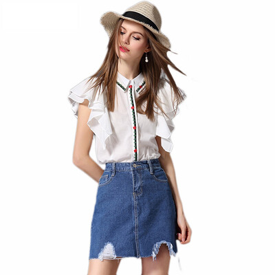 

2018 Summer Two-piece New Ruffles Sleeve Embroidery White Shirt Denim Hole High Waist Skirt Suit Female