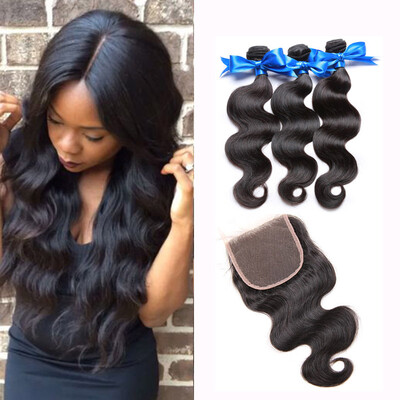 

WYF Virgin Hair Body Wave 3 Связки с закрытием Малайзийские необработанные человеческие волосы