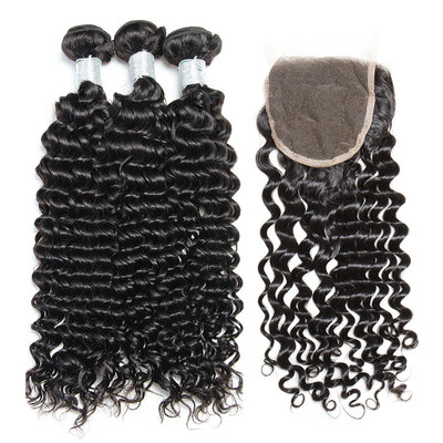 

8A Malaysian Curly Virgin Hair With Closure 4 Pcs Lot 100 Malaysian Human Hair Weaves 3 Bundles And Lace Closures Natural Black