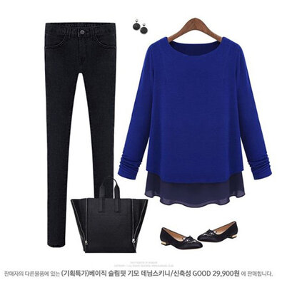 

New fashion women Contrast Long Sleeve Two Layer Tiered Knit with Chiffon Top Blouse MLXL