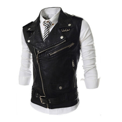 

CT&HF Men Fashion Leisure Ma3 Jia3 Korea Handsome Personality PU Leather Vest Men Simple Pure Color Zipper Design Vest