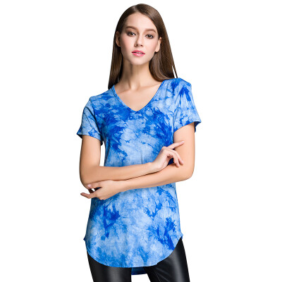 

POPBASIC Ladies Plain Short Sleeve V-Neck Round Hem Cotton Spandex, Multiple Colors Tied Dyed T-shirt