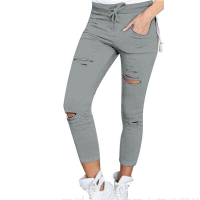 

Women Holes Pencil Pants Stretch Casual Denim Skinny Ripped Pants High Waist Jeans Trousers
