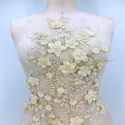 

Sew on Bead Sequins Three-dimensional Flowers White Lace Applique Trim Patches 62X32cm for Dress DIY Accessories