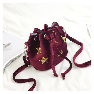 

SMOOZA 2018 velvet Womens Bucket Bag velour Winter suede Ladies string shoulder print stars small Female Messenger Bag