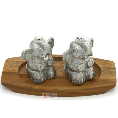 

Oriental Pewter Pewter Condiments Set - Salt & Pepper Caddy Set Set of 3 Hand Carved w Baby Elephant Shaped Pure Tin 97 Leadfree