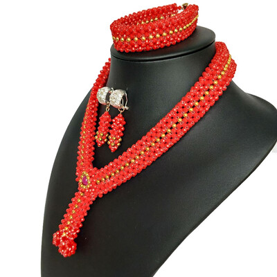 

Handmade Dubai Golden And Orange Jewelry Set African Bridal Costume Necklace Nigerian Wedding Jewellery Set For Women