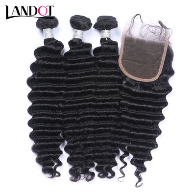 

9A Malaysian Deep Wave Virgin Hair With Lace Closure 3 Bundles Malaysian Curly Human Hair Weave And Closure 4Pcs Lot Natural Black