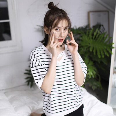 

Haizhining 17W38 pajamas ladies V-neck fashion casual striped short-sleeved pants cotton home clothes two-piece girl home service suit white 175