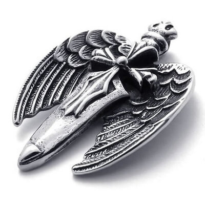 

Hpolw Vintage Men's Large Stainless Steel Silver Wing Cross Pendant with 18-26 inches Chain