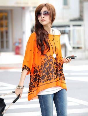

Fashion Sexy Womens Bohemian O-neck Batwing Sleeve Loose-fitting Chiffon Casual Floral Blouse Shirt T-Shirt Tops