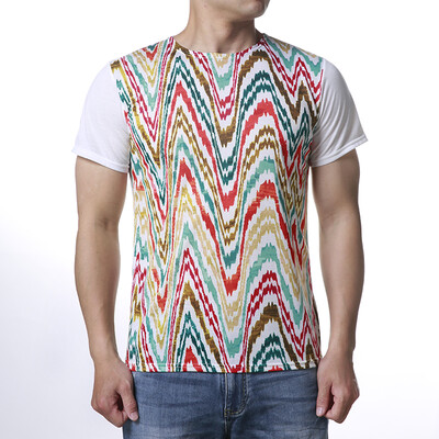 

Mens Colorful Wavy Texture Pattern Printed Round Neck T-shirt