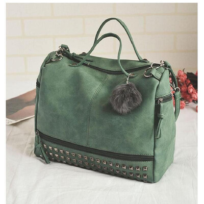 

Vintage Nubuck Leather Female Top-handle Bags Rivet Larger Women Bags Hair Ball Shoulder Bag Motorcycle Messenger Bag LB447