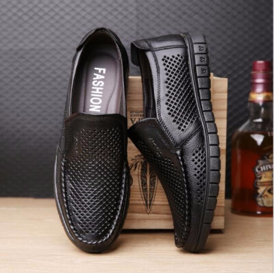 

Mens breathable leather sandals leisure summer hollow mesh cool shoes