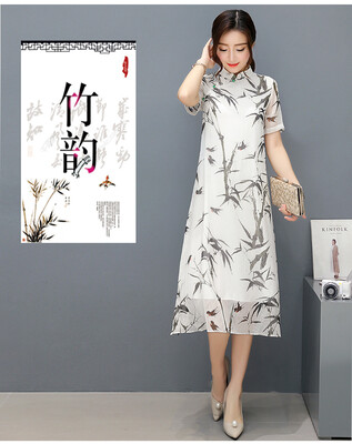 

2018 новый стиль китайского стиля чернила живопись cheongsam с короткими рукавами длинные свободные шифон платье