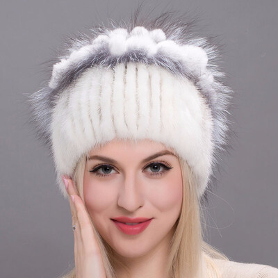 

Real mink cap women with fur lining knit cap knitted with puffed rugs Russian style fox fur mink fashion knitted hats good quali