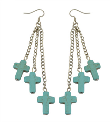 

Idealway New Fashion Silver Alloy Natural Turquoise Cross Tassel Earrings Long Hook Dangle Drop Earrings Women Jewelry