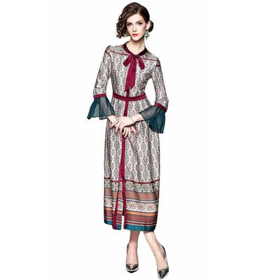 

2018 Summer Bow Neck Geometric Print Ankle-length Dress With Flare Sleeve Midi Dresses For Women