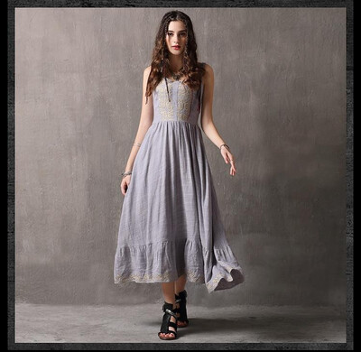 

M L vintage cotton new summer 2018 long jeans dress sleeveless denim blue gray elegant slim a line digital flower embroidery