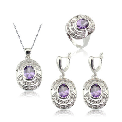 

Fashion Purple Stone Silver Plated Jewelry Sets for Women Necklace Dangle Earrings Ring Seven Colors Available Free Jewelry Box