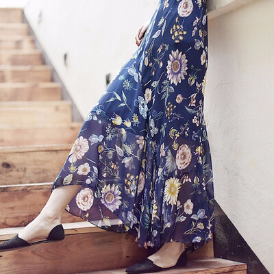 

Women Elegant Chiffon High Waist Floral Print Skirts Trumpet With Elastic Waist Casual Long Summer Skirt With Ruffles Decoration