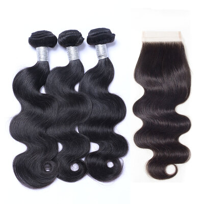 

8A Indian Virgin Hair Body Wave With Closure 3 Bundles Indian Remy Human Hair Weaves And Top Lace Closures 4 Pcs Lot Natural Black