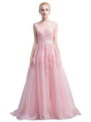 

Womens Double V-neck Tulle Wedding Dress Appliques Long Evening Cocktail Gowns