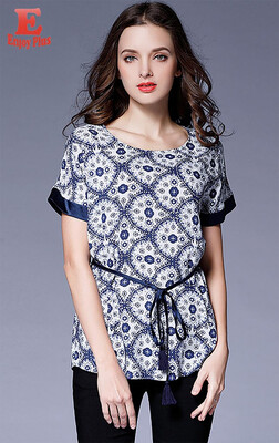 

L XL XXL 3XL 4XL 5XL plus size vintage new summer 2018 women blouse shirt short sleeve big size blue&white print loose lady