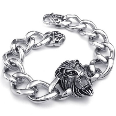 

Hpolw Mens silver Stainless Steel BikerBicycle link chain Heavy Wide Gothic Lion head hollow Bracelet Key buckle Bracelet