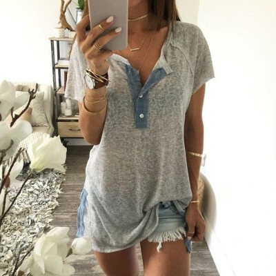 

Womens Fashion Casual Short Sleeve V-Neck Cotton Tee Tank Top T Shirt Loose Button Blouse Plus Size High Quality