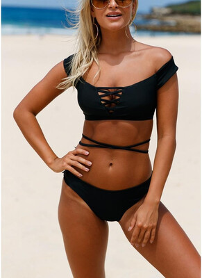 

2018 Women Tankini Swimsuits Lace up Padded Wireless Two Pieces Bikini Set Swimwear