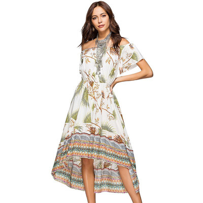 

2018 New Vintage Women Asymmetrical Short Sleeve Dress Print Floral Off Shoulder Elastic Waist Party Dresses Vestido