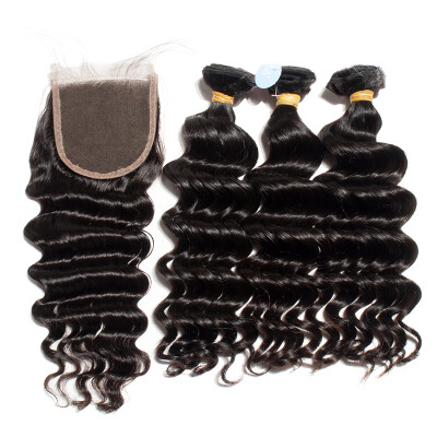 

10A Unprocessed Brazilian Virgin Human Hair Weave 3 Bundles With Lace Closure Loose Deep Wave Curly Cuticle Aligned Hair Extension